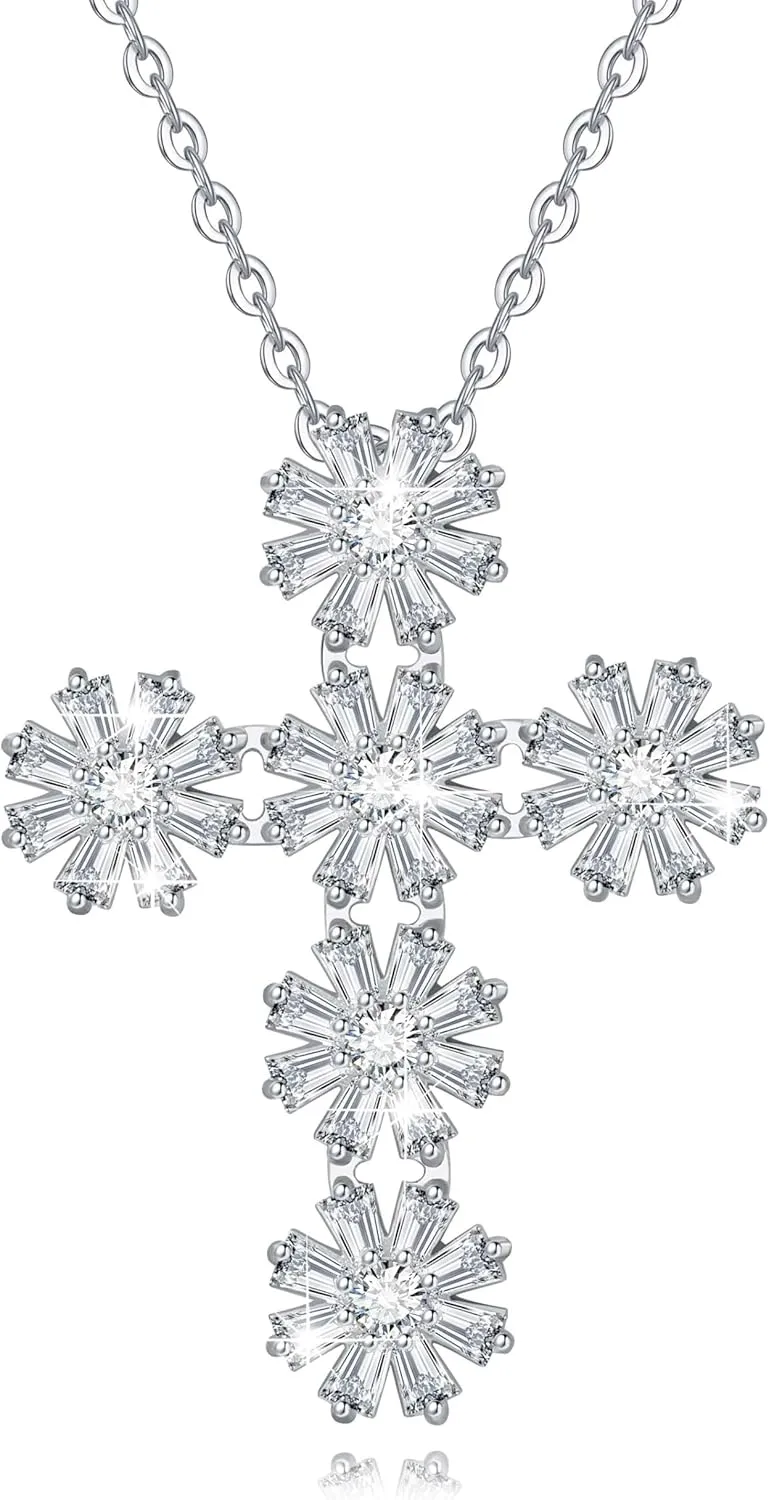 Silver Cross Necklaces for Women,White Gold Plated Silver Chain, Cross Necklace Diamond Cross Pendant 5A Zirconia, Hypoallergenic Silver Jewelry Gifts for Her (Birthday/Christmas/Anniversary)