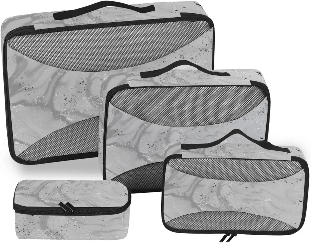 Silver Liquid Marble Artistic Painting with Silver Dust Texture 4 PCs Set Packing Bags, Luggage Organizer Bag, Portable Cube Toiletry bag, Durable Travel Cosmetic Storage Bag for Men Women