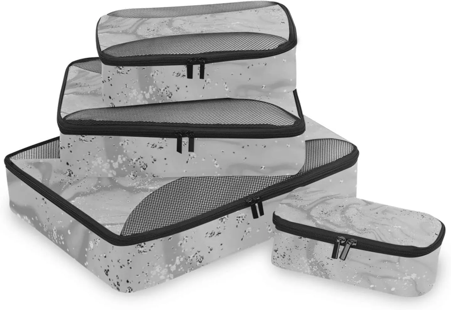 Silver Liquid Marble Artistic Painting with Silver Dust Texture 4 PCs Set Packing Bags, Luggage Organizer Bag, Portable Cube Toiletry bag, Durable Travel Cosmetic Storage Bag for Men Women
