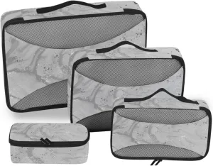 Silver Liquid Marble Artistic Painting with Silver Dust Texture 4 PCs Set Packing Bags, Luggage Organizer Bag, Portable Cube Toiletry bag, Durable Travel Cosmetic Storage Bag for Men Women