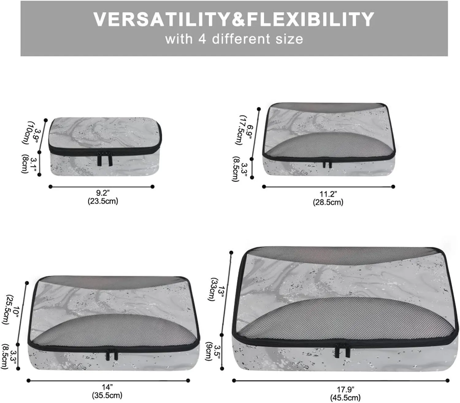 Silver Liquid Marble Artistic Painting with Silver Dust Texture 4 PCs Set Packing Bags, Luggage Organizer Bag, Portable Cube Toiletry bag, Durable Travel Cosmetic Storage Bag for Men Women