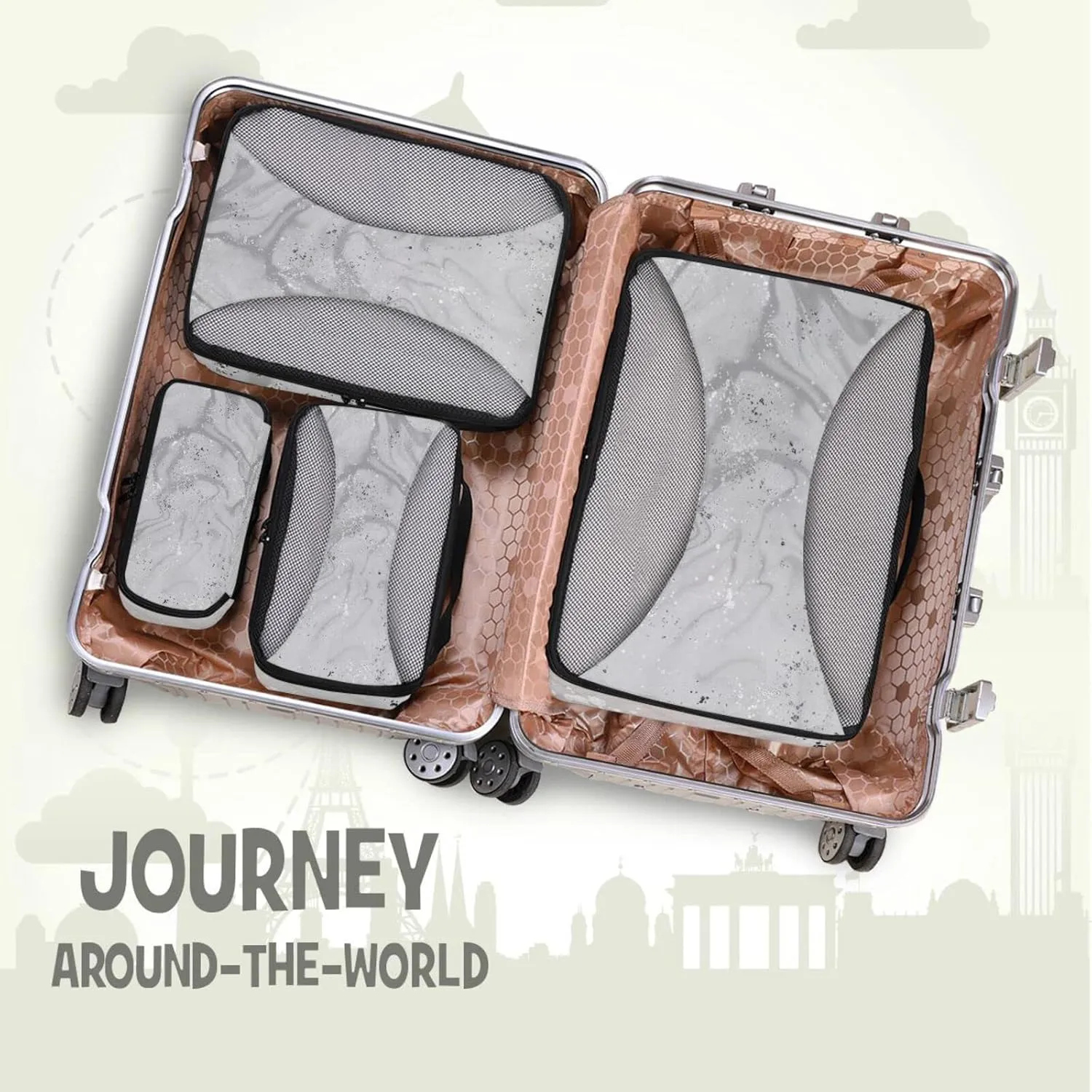 Silver Liquid Marble Artistic Painting with Silver Dust Texture 4 PCs Set Packing Bags, Luggage Organizer Bag, Portable Cube Toiletry bag, Durable Travel Cosmetic Storage Bag for Men Women