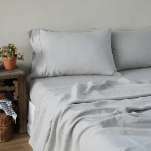 Simple&Opulence 100% Linen Sheet Set with Embroidery Washed - 4 Pieces (1 Flat Sheet & 1 Fitted Sheet & 2 Pillowcases) Natural Flax Soft Bedding Breathable Cozy Farmhouse - Light Grey, Queen Size