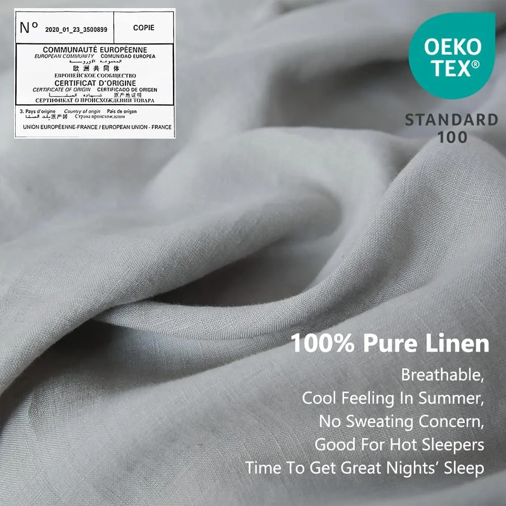 Simple&Opulence 100% Linen Sheet Set with Embroidery Washed - 4 Pieces (1 Flat Sheet & 1 Fitted Sheet & 2 Pillowcases) Natural Flax Soft Bedding Breathable Cozy Farmhouse - Light Grey, Queen Size