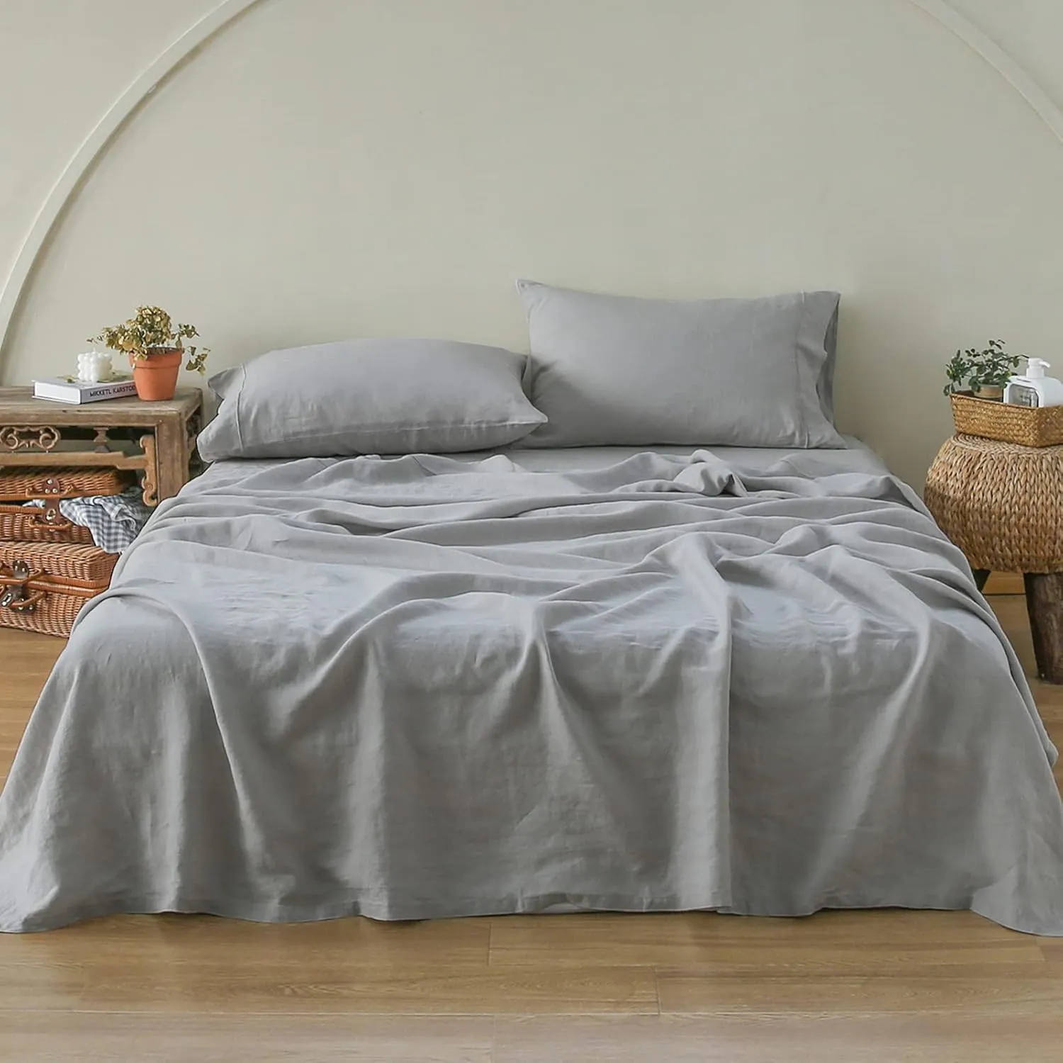 Simple&Opulence 100% Linen Sheet Set with Embroidery Washed - 4 Pieces (1 Flat Sheet & 1 Fitted Sheet & 2 Pillowcases) Natural Flax Soft Bedding Breathable Cozy Farmhouse - Light Grey, Queen Size