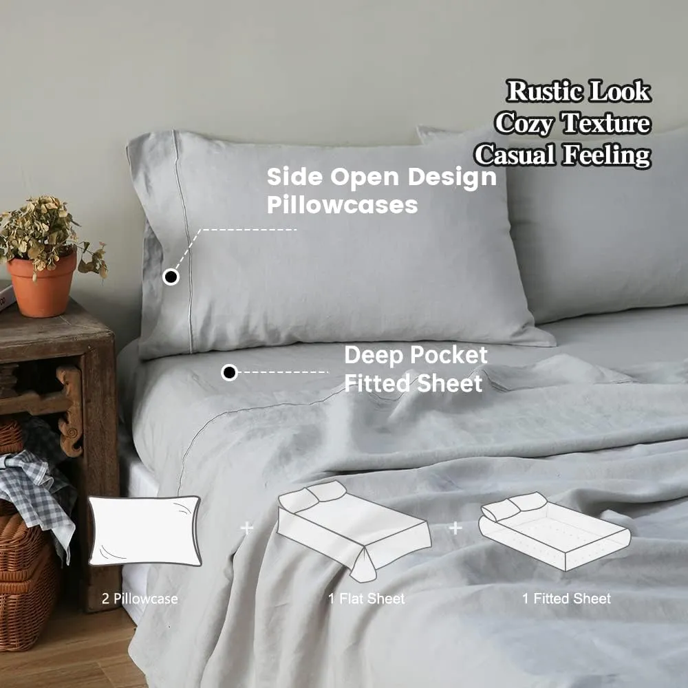 Simple&Opulence 100% Linen Sheet Set with Embroidery Washed - 4 Pieces (1 Flat Sheet & 1 Fitted Sheet & 2 Pillowcases) Natural Flax Soft Bedding Breathable Cozy Farmhouse - Light Grey, Queen Size