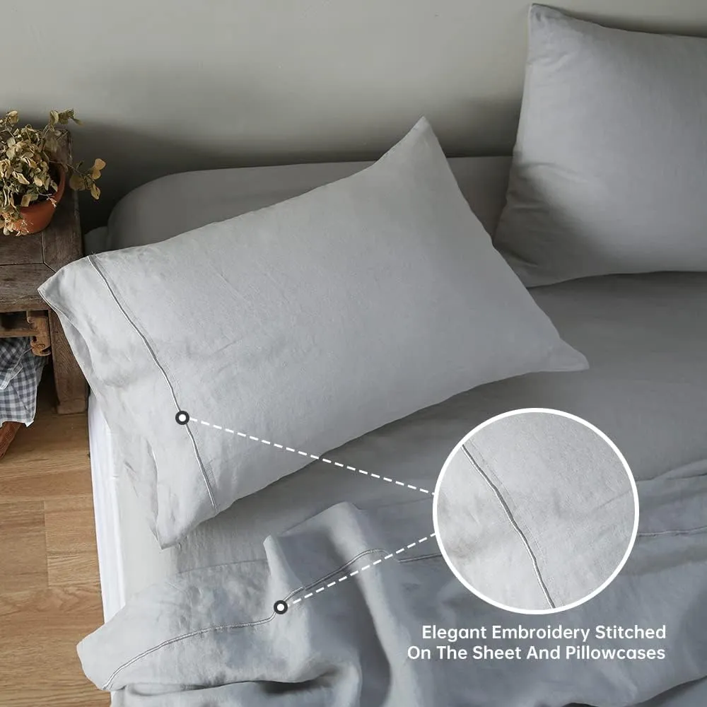 Simple&Opulence 100% Linen Sheet Set with Embroidery Washed - 4 Pieces (1 Flat Sheet & 1 Fitted Sheet & 2 Pillowcases) Natural Flax Soft Bedding Breathable Cozy Farmhouse - Light Grey, Queen Size