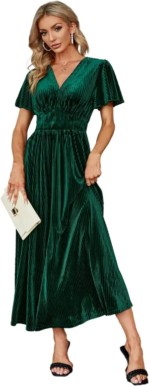 Simplee Women’s V Neck Velvet Maxi Dress Short Sleeve Empire Waist Long Formal Dress for Wedding Guest