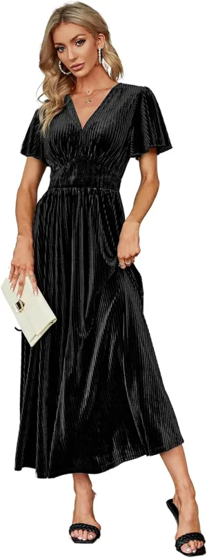 Simplee Women’s V Neck Velvet Maxi Dress Short Sleeve Empire Waist Long Formal Dress for Wedding Guest