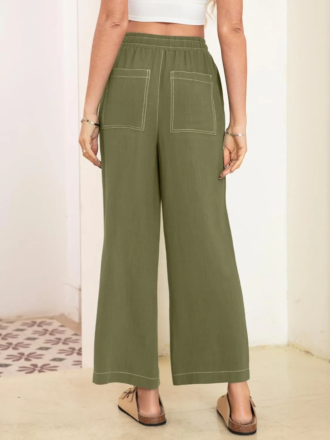 Simplee Women's Wide Leg Palazzo Pants High Waisted Boho Casual Drawstring Linen Pants Trousers with Pockets