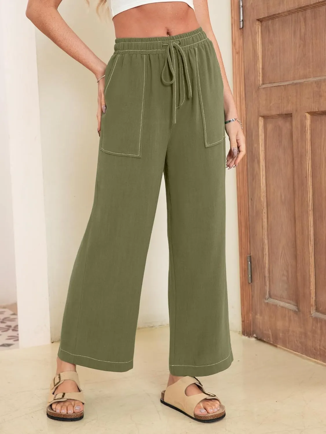 Simplee Women's Wide Leg Palazzo Pants High Waisted Boho Casual Drawstring Linen Pants Trousers with Pockets