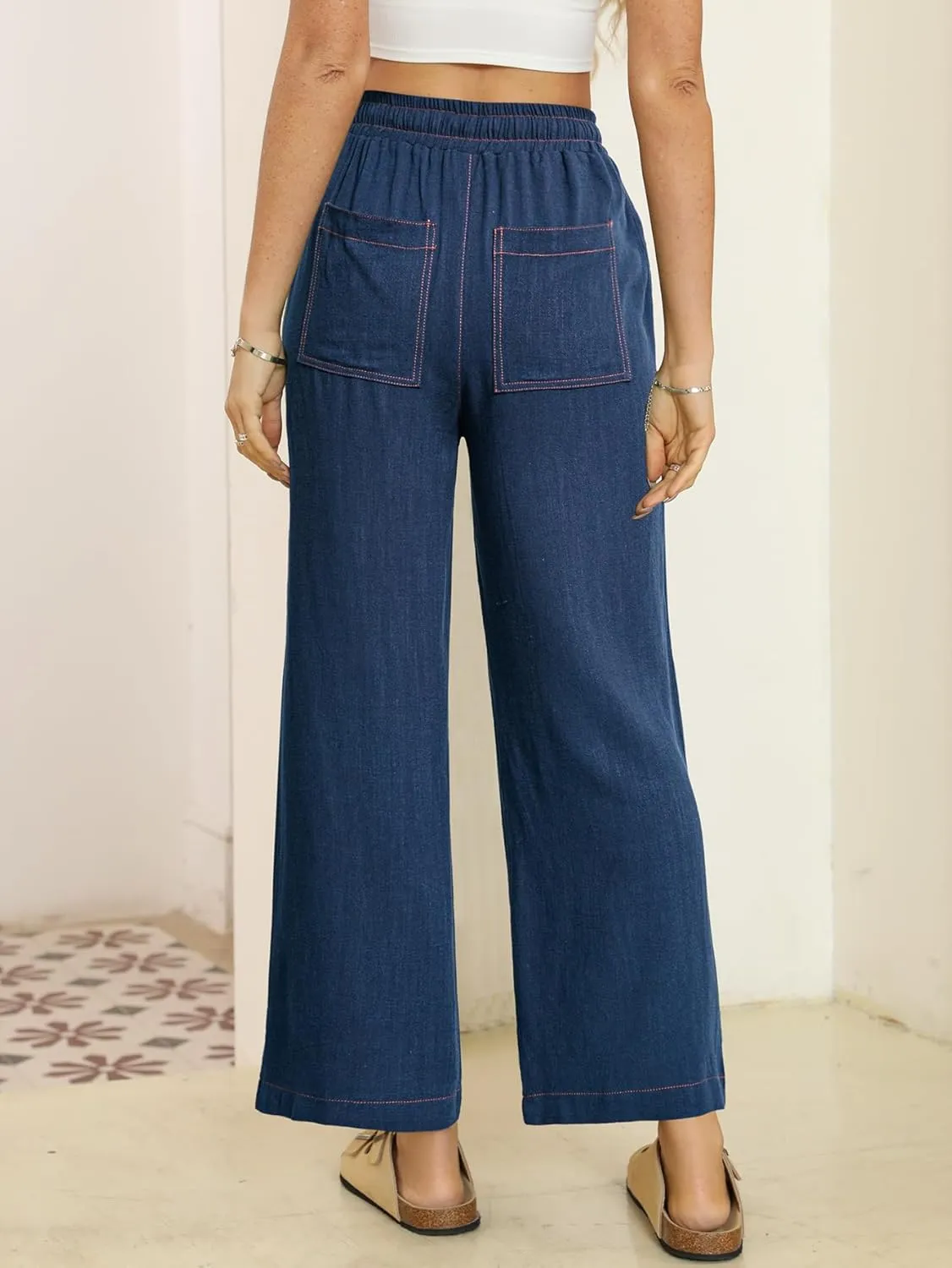 Simplee Women's Wide Leg Palazzo Pants High Waisted Boho Casual Drawstring Linen Pants Trousers with Pockets