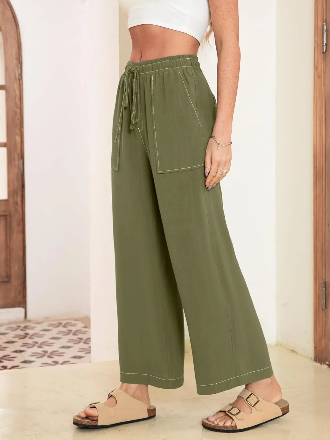 Simplee Women's Wide Leg Palazzo Pants High Waisted Boho Casual Drawstring Linen Pants Trousers with Pockets