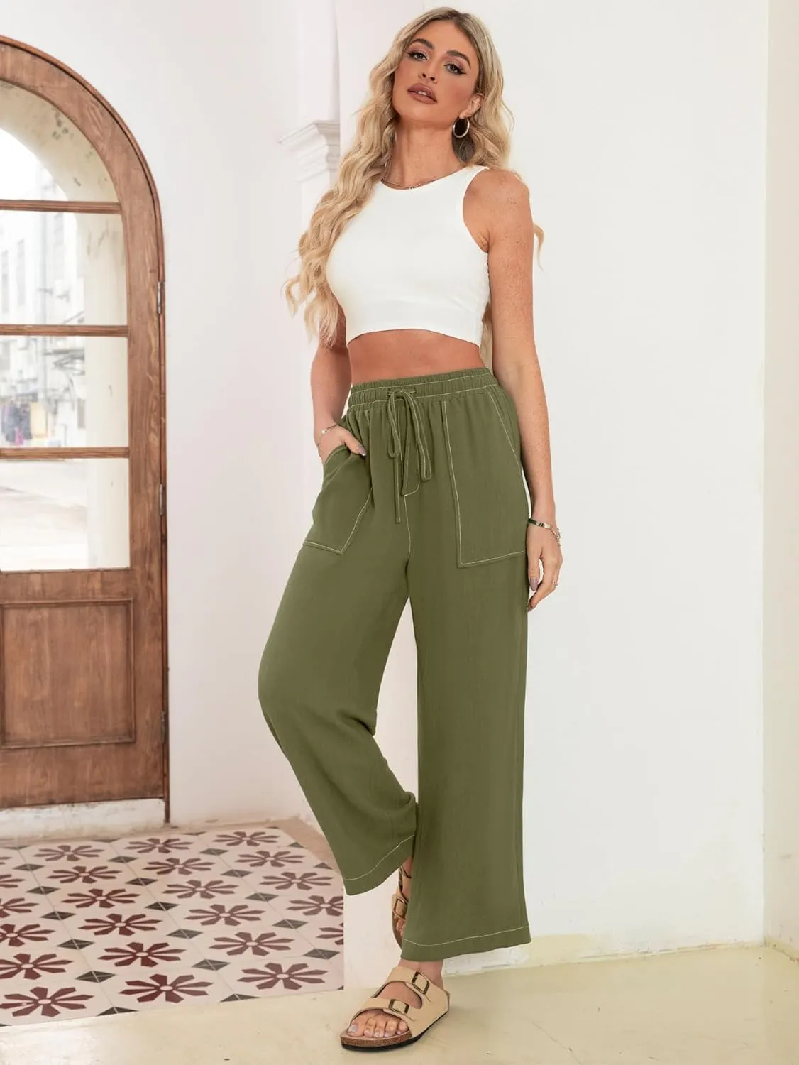 Simplee Women's Wide Leg Palazzo Pants High Waisted Boho Casual Drawstring Linen Pants Trousers with Pockets