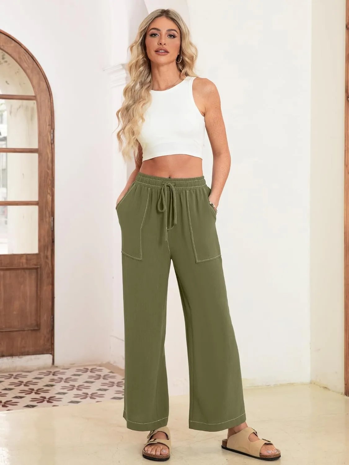 Simplee Women's Wide Leg Palazzo Pants High Waisted Boho Casual Drawstring Linen Pants Trousers with Pockets