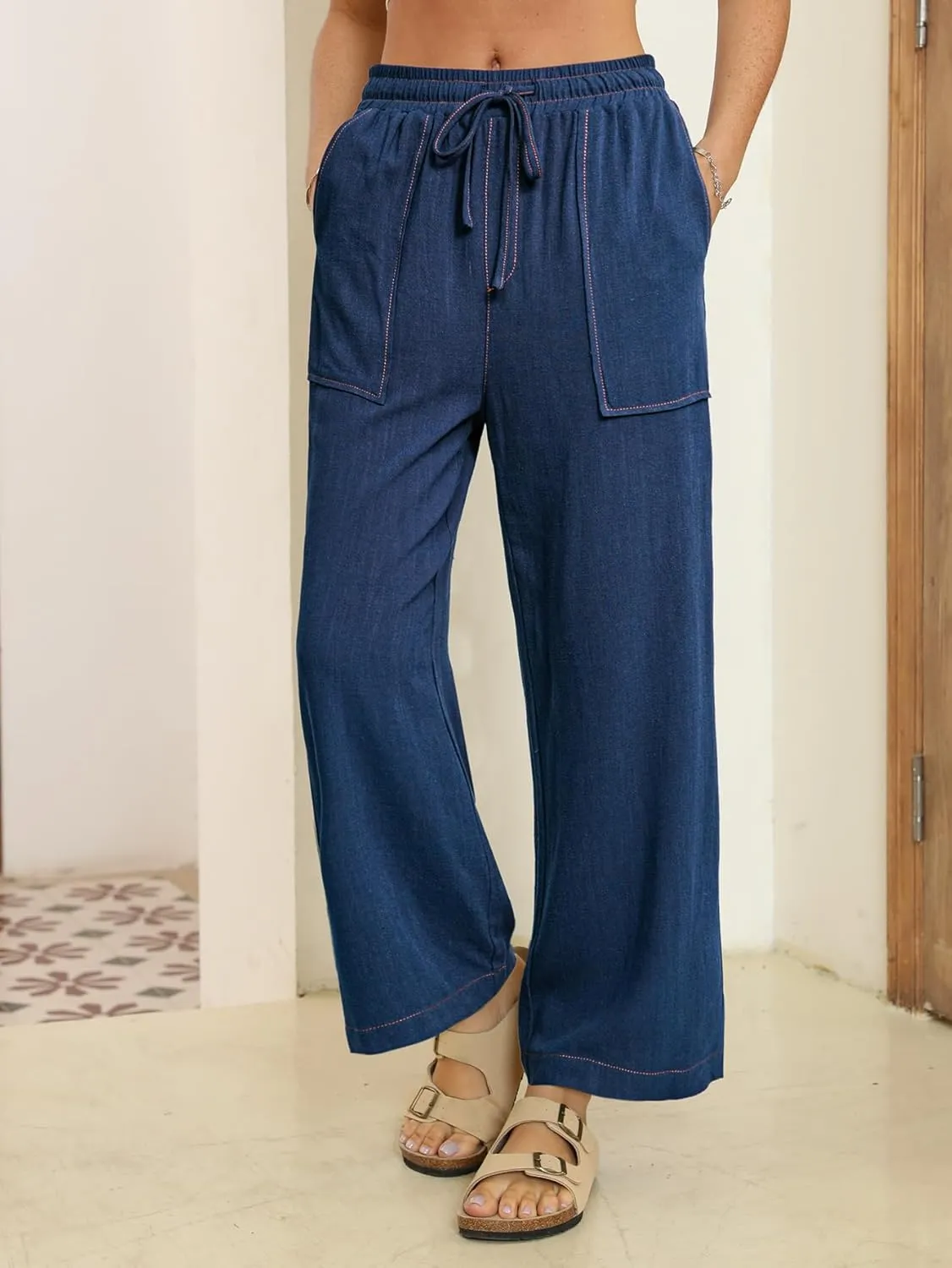 Simplee Women's Wide Leg Palazzo Pants High Waisted Boho Casual Drawstring Linen Pants Trousers with Pockets