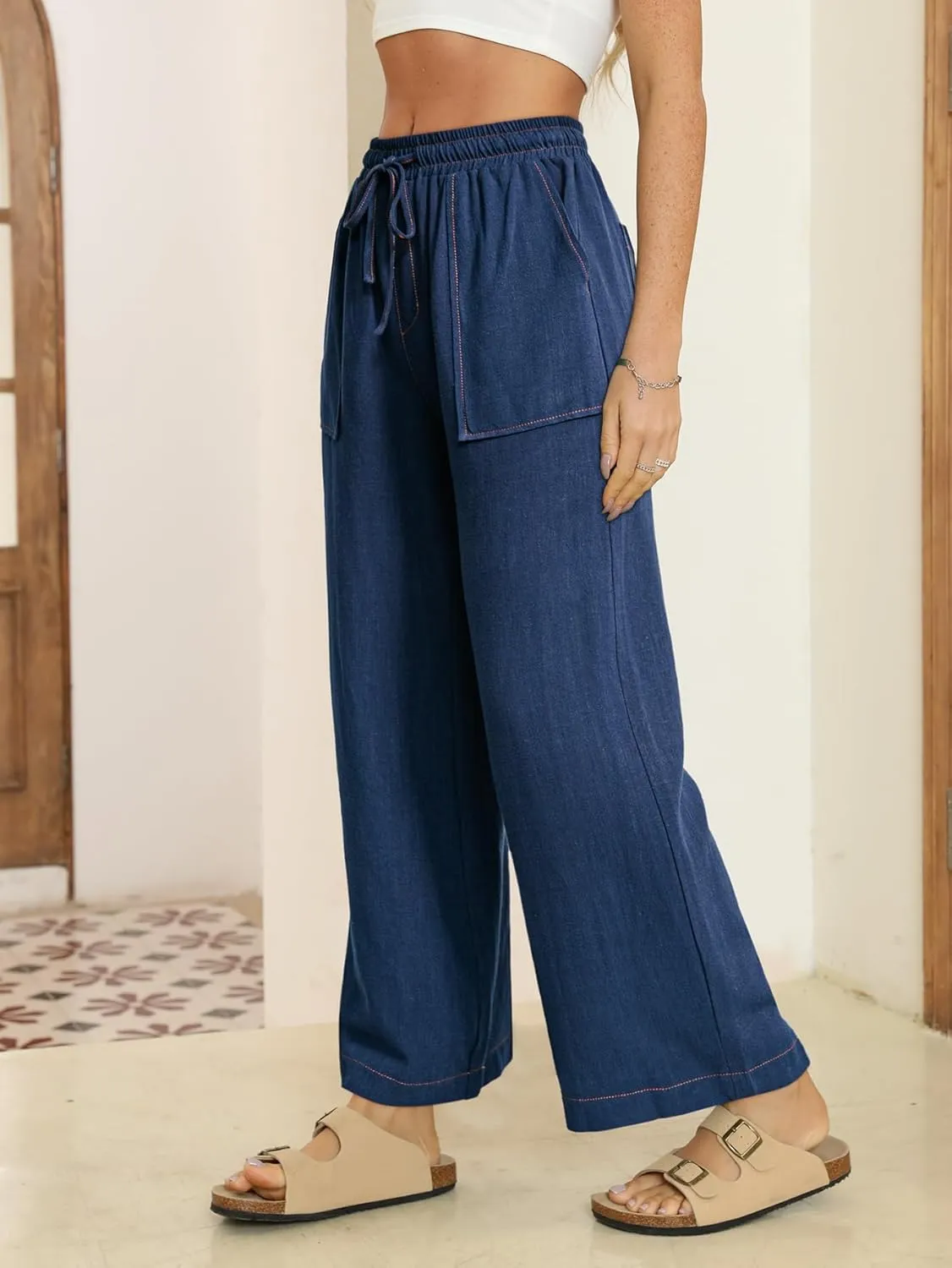 Simplee Women's Wide Leg Palazzo Pants High Waisted Boho Casual Drawstring Linen Pants Trousers with Pockets