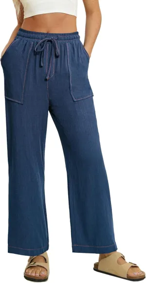 Simplee Women's Wide Leg Palazzo Pants High Waisted Boho Casual Drawstring Linen Pants Trousers with Pockets