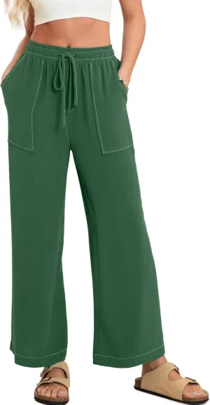Simplee Women's Wide Leg Palazzo Pants High Waisted Boho Casual Drawstring Linen Pants Trousers with Pockets