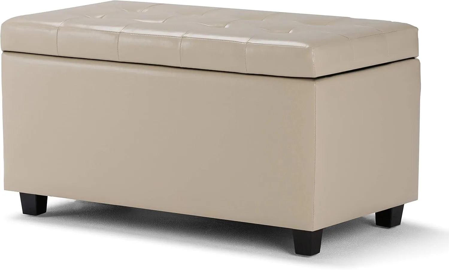 SIMPLIHOME Cosmopolitan 34 inch Wide Transitional Rectangle Storage Ottoman in Satin Cream Vegan Faux Leather, Assembled, For the Living Room, Entryway and Family Room