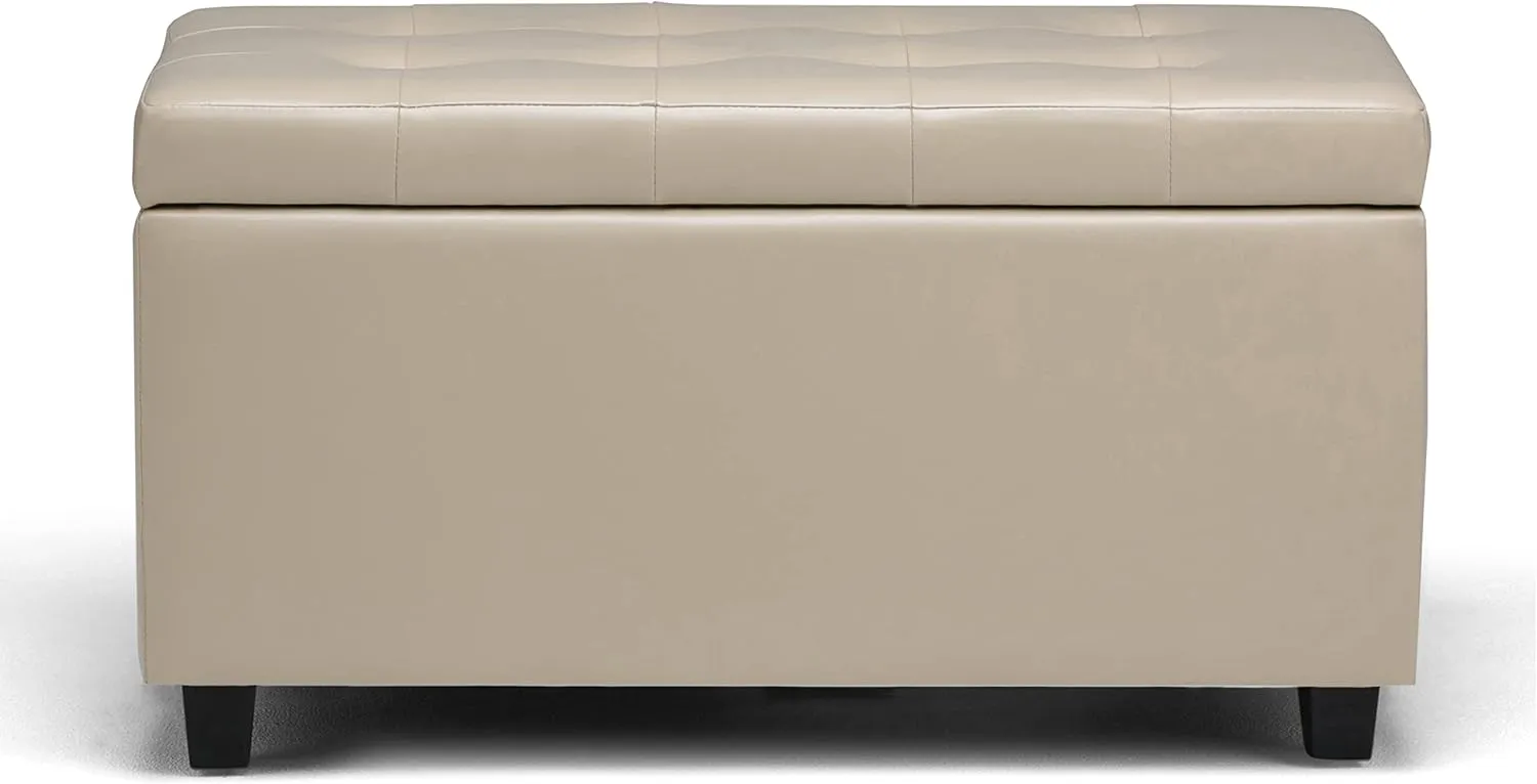 SIMPLIHOME Cosmopolitan 34 inch Wide Transitional Rectangle Storage Ottoman in Satin Cream Vegan Faux Leather, Assembled, For the Living Room, Entryway and Family Room