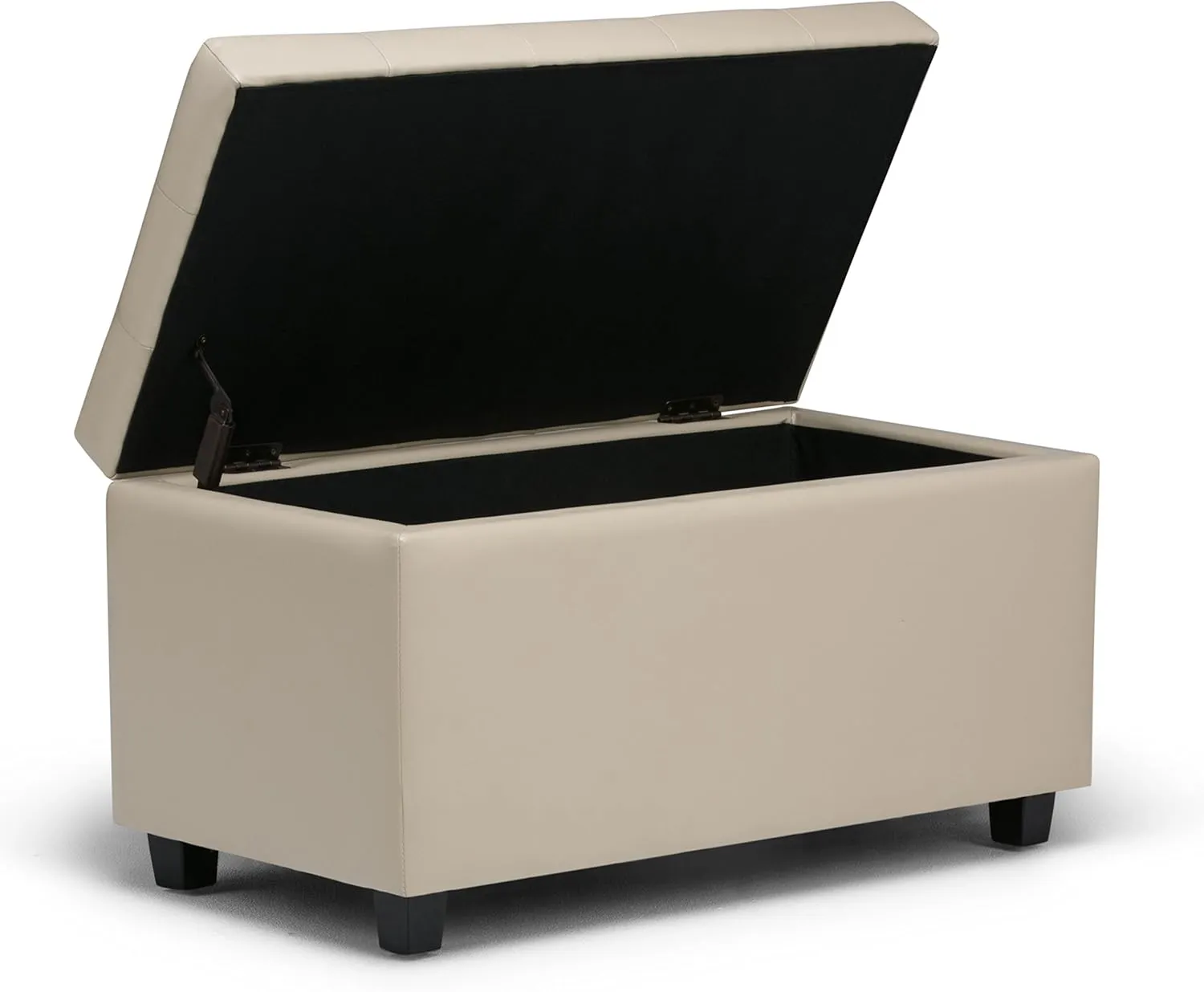 SIMPLIHOME Cosmopolitan 34 inch Wide Transitional Rectangle Storage Ottoman in Satin Cream Vegan Faux Leather, Assembled, For the Living Room, Entryway and Family Room