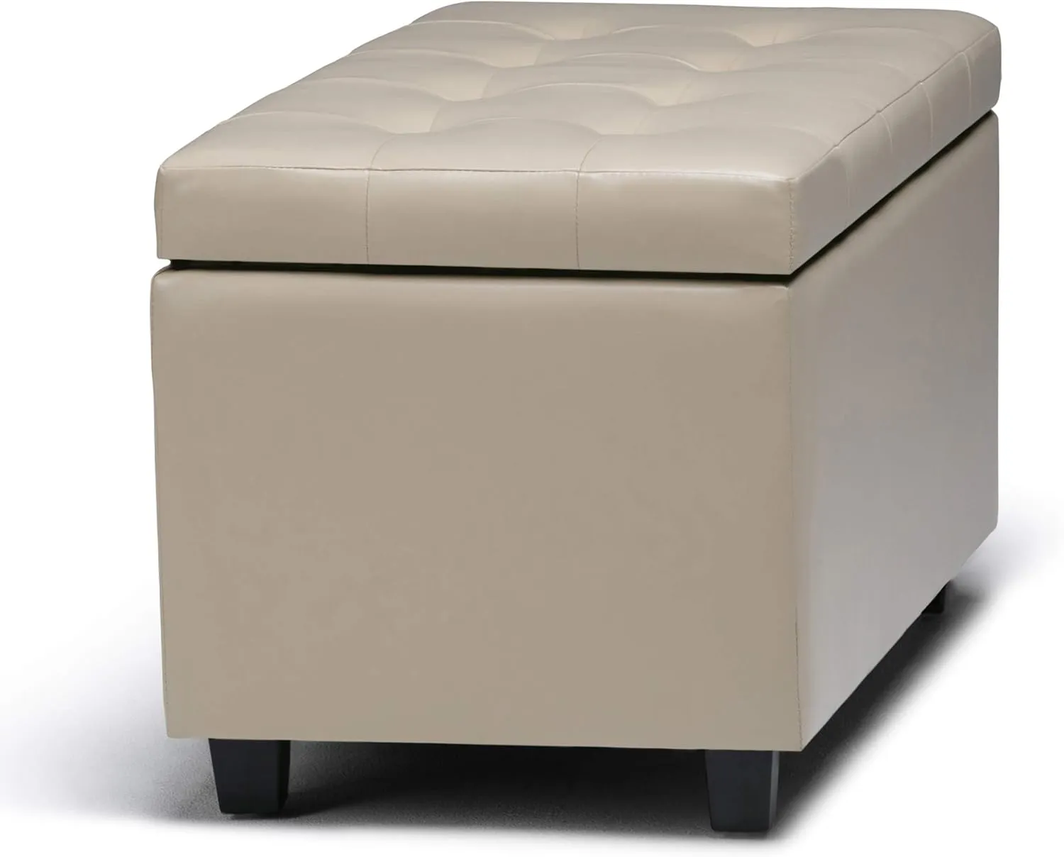 SIMPLIHOME Cosmopolitan 34 inch Wide Transitional Rectangle Storage Ottoman in Satin Cream Vegan Faux Leather, Assembled, For the Living Room, Entryway and Family Room