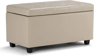 SIMPLIHOME Cosmopolitan 34 inch Wide Transitional Rectangle Storage Ottoman in Satin Cream Vegan Faux Leather, Assembled, For the Living Room, Entryway and Family Room