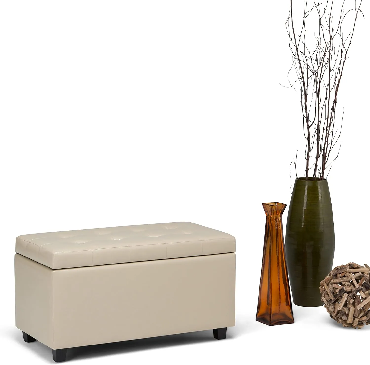 SIMPLIHOME Cosmopolitan 34 inch Wide Transitional Rectangle Storage Ottoman in Satin Cream Vegan Faux Leather, Assembled, For the Living Room, Entryway and Family Room