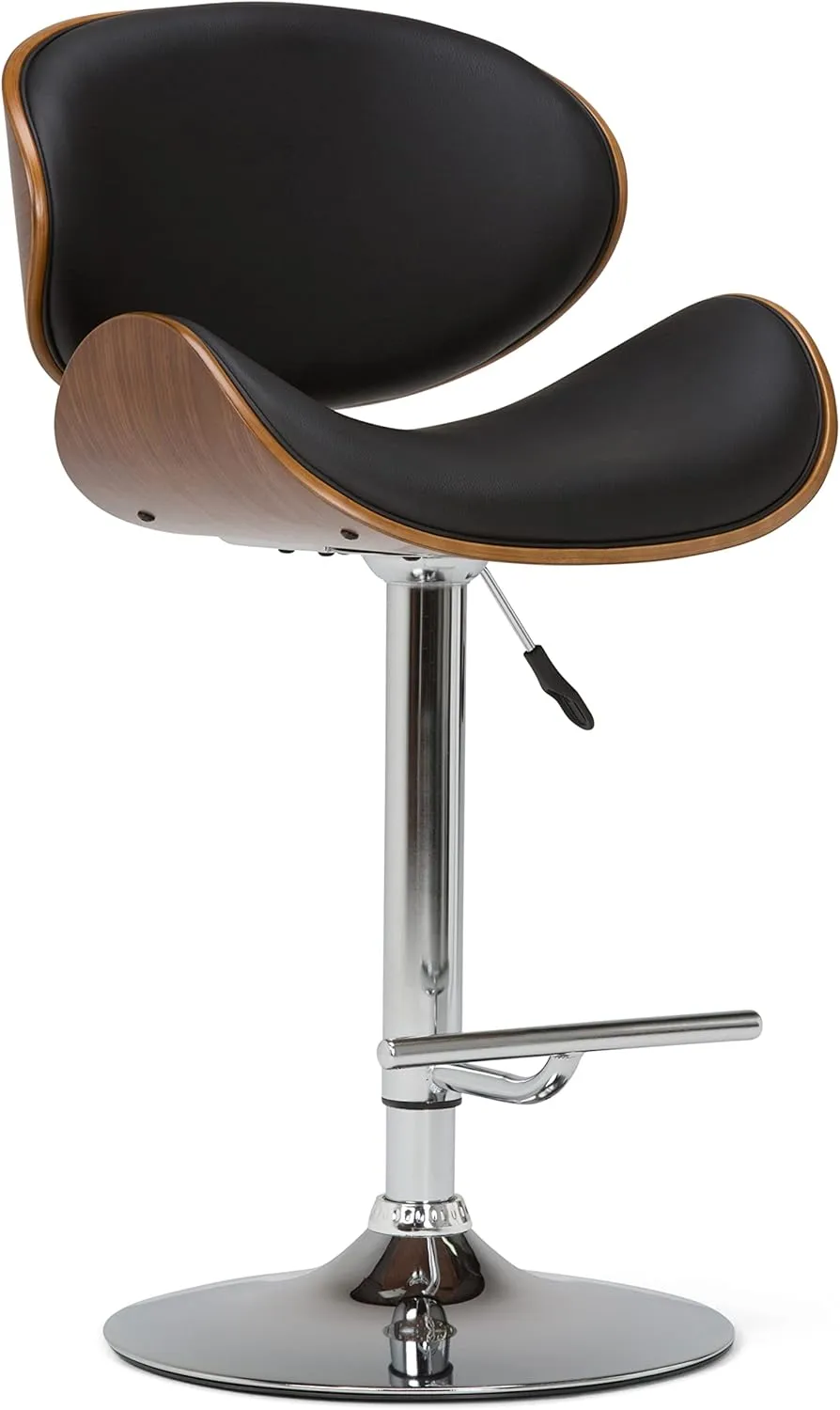 SIMPLIHOME Marana Adjustable Swivel Bar Stool - 33 inch Seat Height Upholstered Metal Bar Chair in Black Vegan Faux Leather, Mid Century Seating for Kitchen or Bar with Curved Bentwood Back