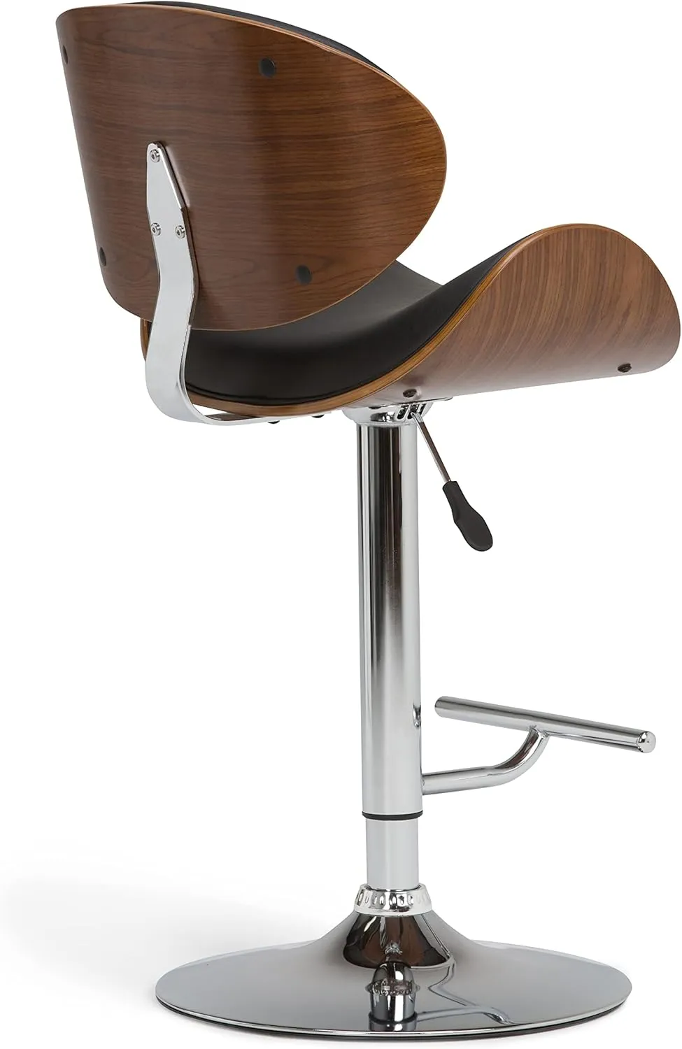 SIMPLIHOME Marana Adjustable Swivel Bar Stool - 33 inch Seat Height Upholstered Metal Bar Chair in Black Vegan Faux Leather, Mid Century Seating for Kitchen or Bar with Curved Bentwood Back