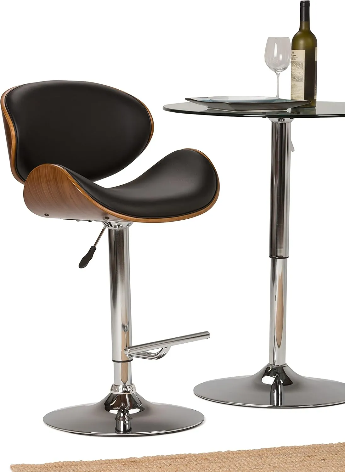 SIMPLIHOME Marana Adjustable Swivel Bar Stool - 33 inch Seat Height Upholstered Metal Bar Chair in Black Vegan Faux Leather, Mid Century Seating for Kitchen or Bar with Curved Bentwood Back