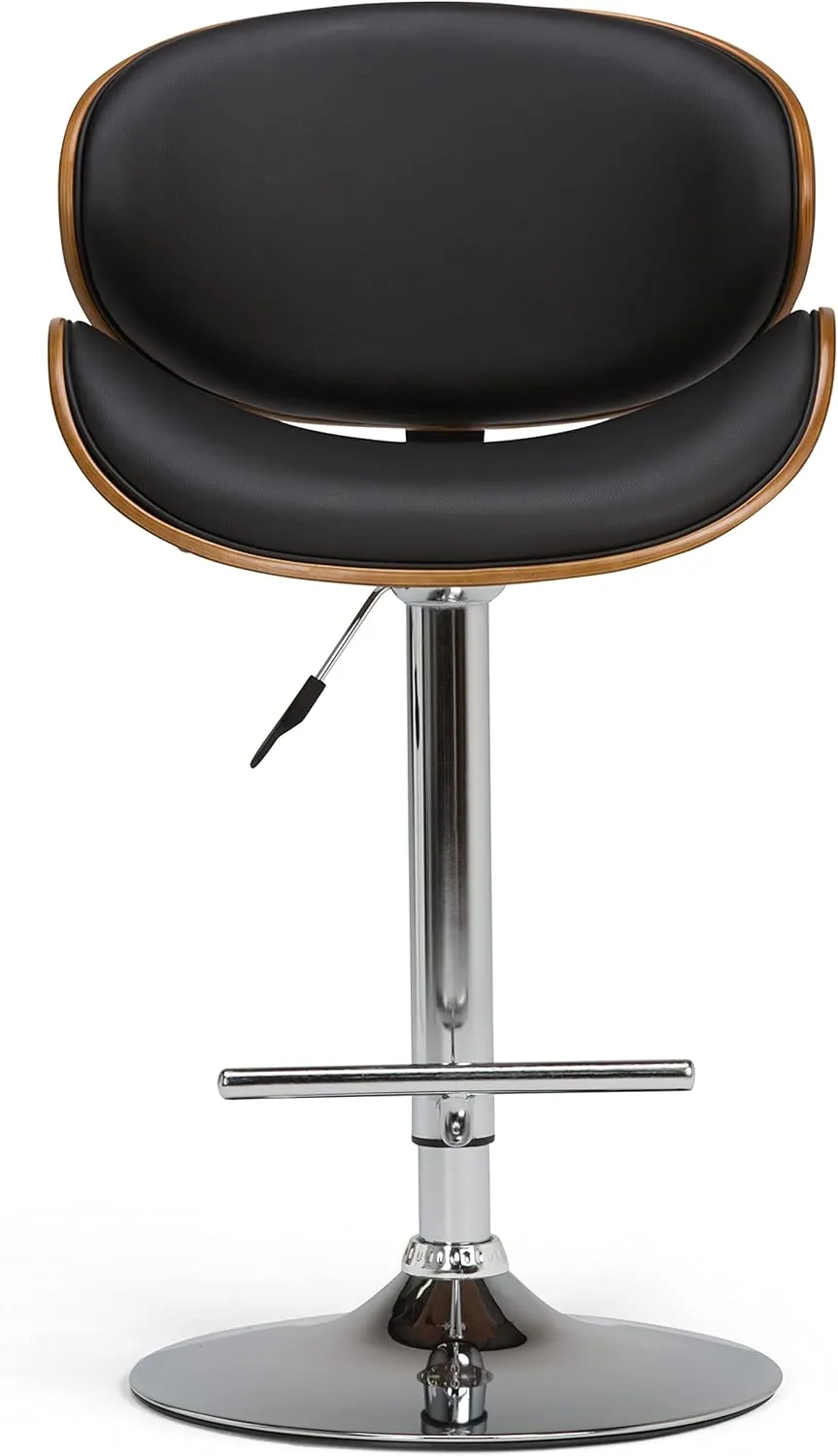 SIMPLIHOME Marana Adjustable Swivel Bar Stool - 33 inch Seat Height Upholstered Metal Bar Chair in Black Vegan Faux Leather, Mid Century Seating for Kitchen or Bar with Curved Bentwood Back
