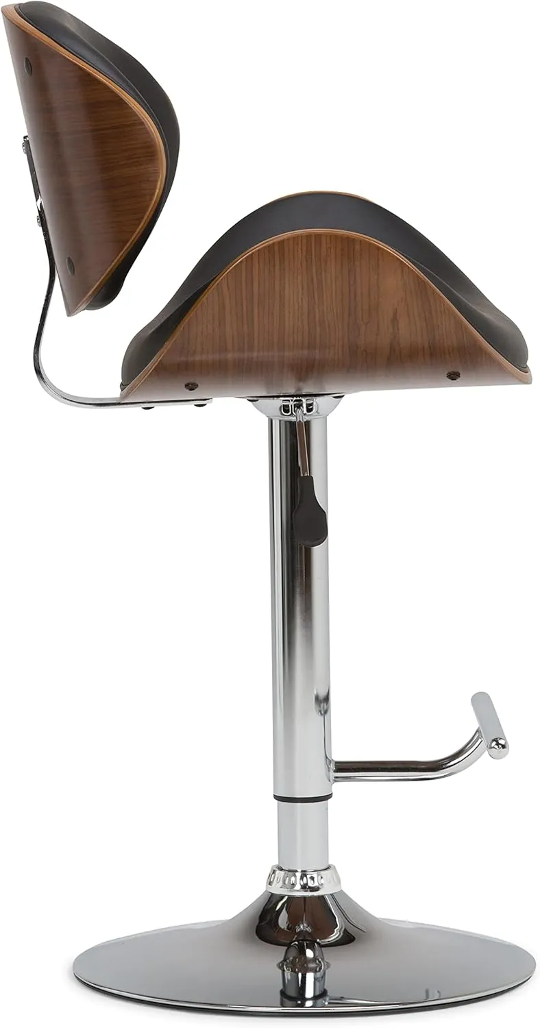 SIMPLIHOME Marana Adjustable Swivel Bar Stool - 33 inch Seat Height Upholstered Metal Bar Chair in Black Vegan Faux Leather, Mid Century Seating for Kitchen or Bar with Curved Bentwood Back