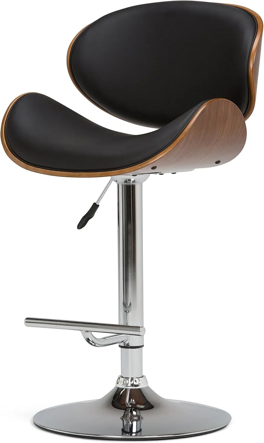 SIMPLIHOME Marana Adjustable Swivel Bar Stool - 33 inch Seat Height Upholstered Metal Bar Chair in Black Vegan Faux Leather, Mid Century Seating for Kitchen or Bar with Curved Bentwood Back