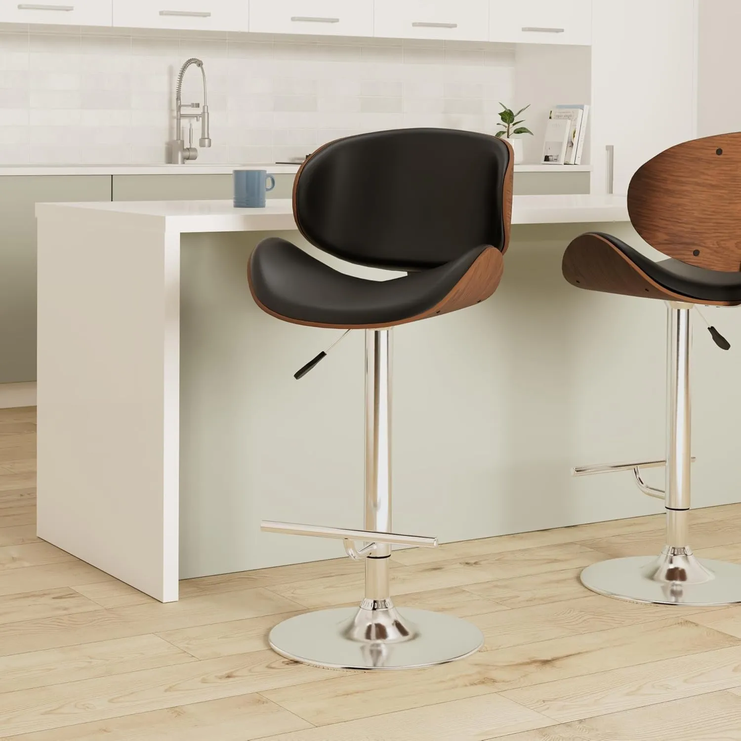 SIMPLIHOME Marana Adjustable Swivel Bar Stool - 33 inch Seat Height Upholstered Metal Bar Chair in Black Vegan Faux Leather, Mid Century Seating for Kitchen or Bar with Curved Bentwood Back