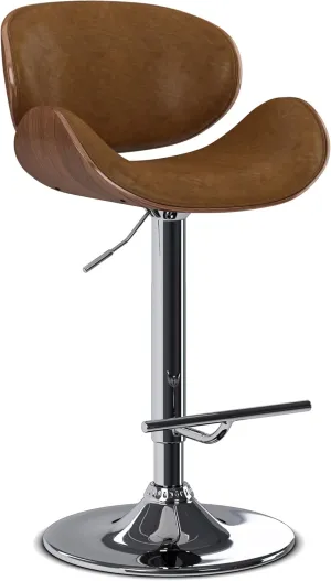 SIMPLIHOME Marana Adjustable Swivel Bar Stool - 33 inch Seat Height Upholstered Metal Bar Chair in Deep Tan Vegan Faux Leather, Mid Century Seating for Kitchen or Bar with Curved Bentwood Back