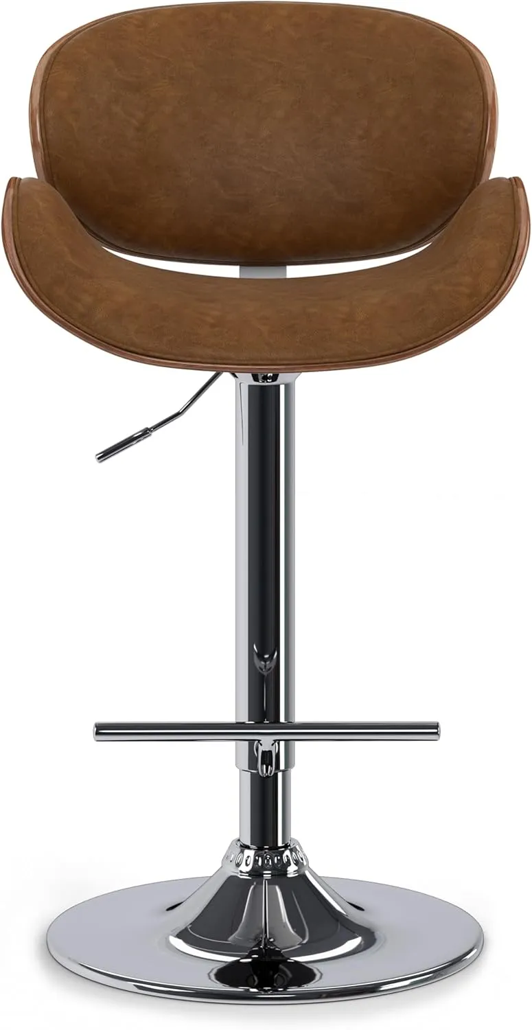 SIMPLIHOME Marana Adjustable Swivel Bar Stool - 33 inch Seat Height Upholstered Metal Bar Chair in Deep Tan Vegan Faux Leather, Mid Century Seating for Kitchen or Bar with Curved Bentwood Back