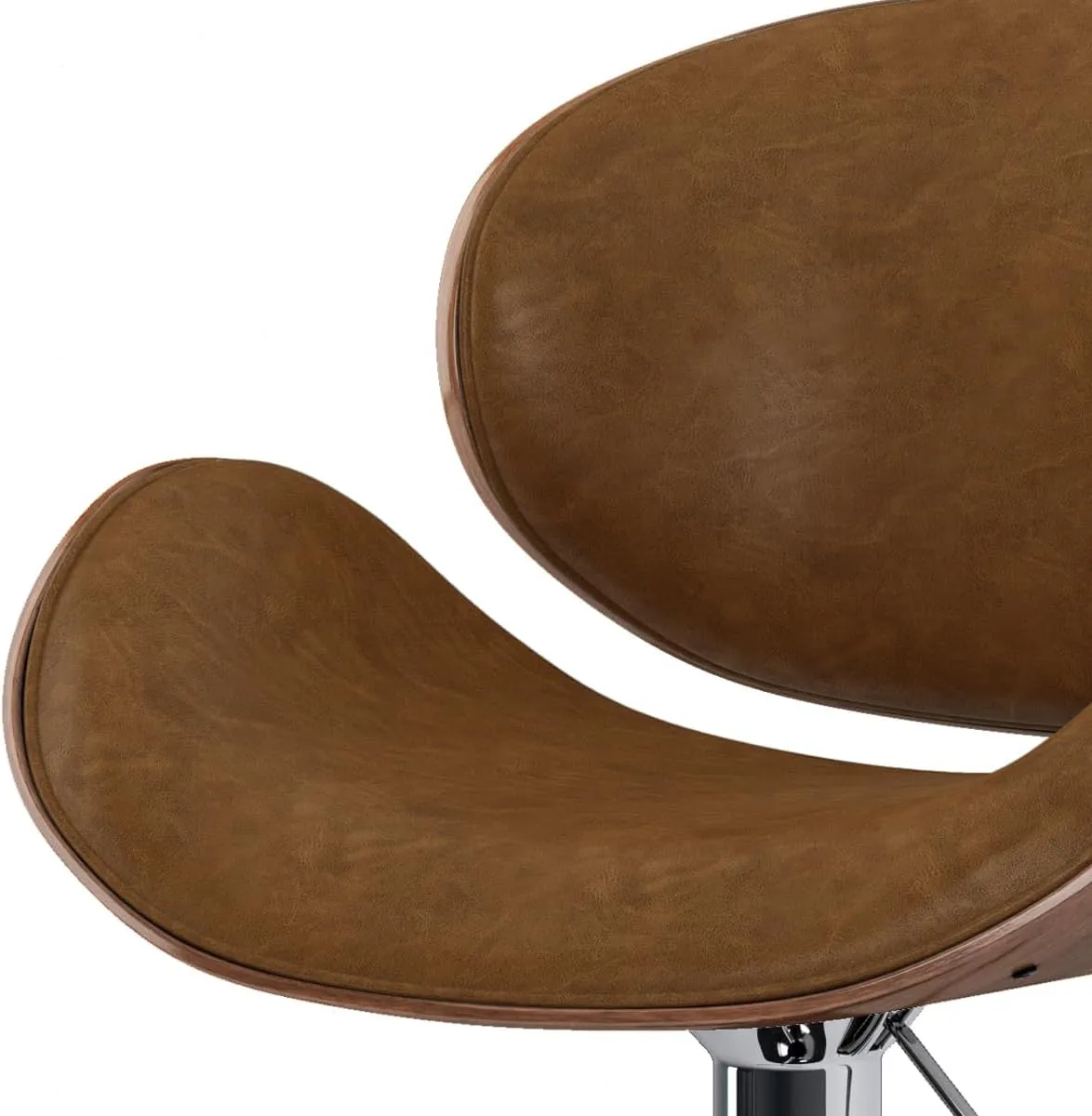SIMPLIHOME Marana Adjustable Swivel Bar Stool - 33 inch Seat Height Upholstered Metal Bar Chair in Deep Tan Vegan Faux Leather, Mid Century Seating for Kitchen or Bar with Curved Bentwood Back