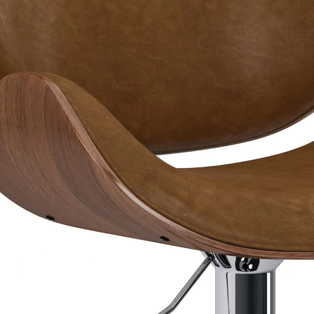 SIMPLIHOME Marana Adjustable Swivel Bar Stool - 33 inch Seat Height Upholstered Metal Bar Chair in Deep Tan Vegan Faux Leather, Mid Century Seating for Kitchen or Bar with Curved Bentwood Back