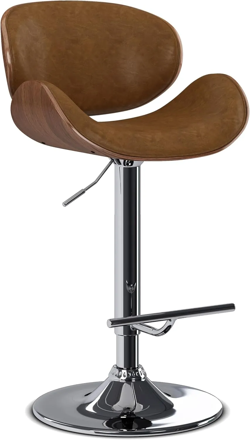 SIMPLIHOME Marana Adjustable Swivel Bar Stool - 33 inch Seat Height Upholstered Metal Bar Chair in Deep Tan Vegan Faux Leather, Mid Century Seating for Kitchen or Bar with Curved Bentwood Back