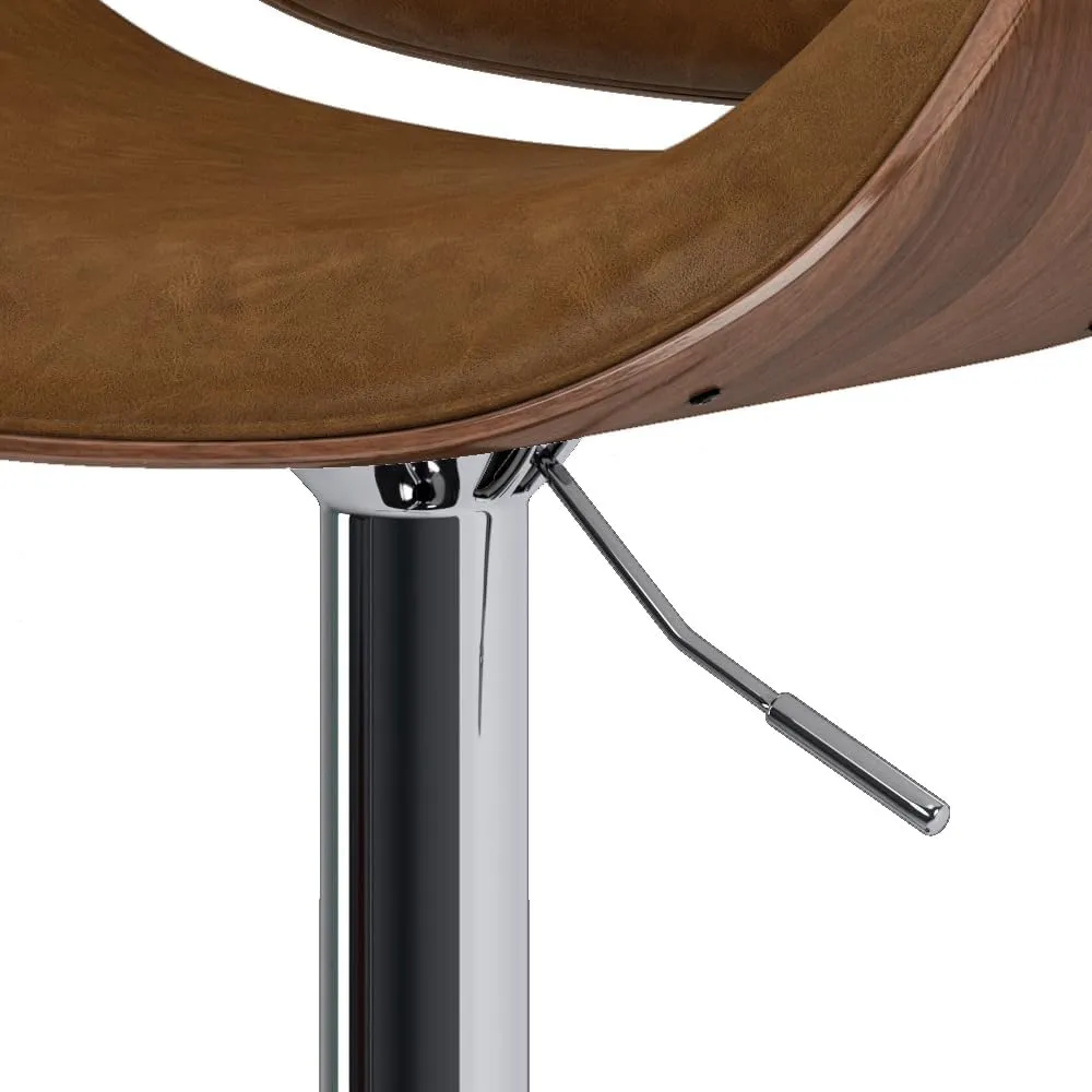 SIMPLIHOME Marana Adjustable Swivel Bar Stool - 33 inch Seat Height Upholstered Metal Bar Chair in Deep Tan Vegan Faux Leather, Mid Century Seating for Kitchen or Bar with Curved Bentwood Back