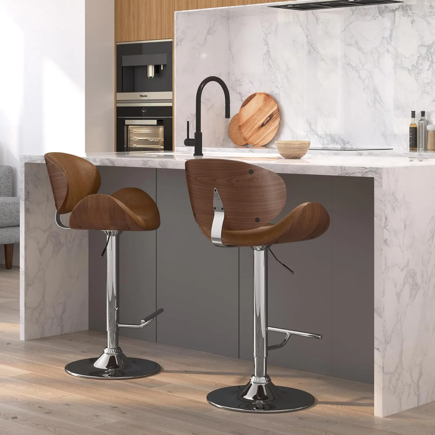 SIMPLIHOME Marana Adjustable Swivel Bar Stool - 33 inch Seat Height Upholstered Metal Bar Chair in Deep Tan Vegan Faux Leather, Mid Century Seating for Kitchen or Bar with Curved Bentwood Back