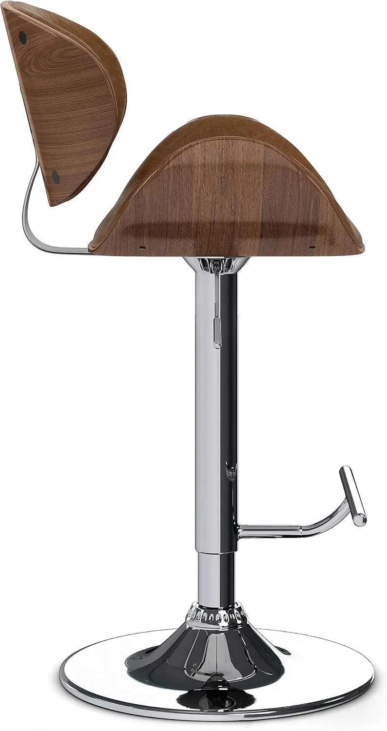 SIMPLIHOME Marana Adjustable Swivel Bar Stool - 33 inch Seat Height Upholstered Metal Bar Chair in Deep Tan Vegan Faux Leather, Mid Century Seating for Kitchen or Bar with Curved Bentwood Back