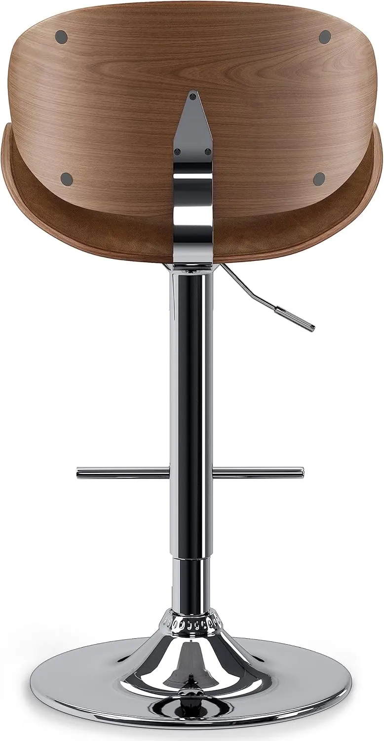 SIMPLIHOME Marana Adjustable Swivel Bar Stool - 33 inch Seat Height Upholstered Metal Bar Chair in Deep Tan Vegan Faux Leather, Mid Century Seating for Kitchen or Bar with Curved Bentwood Back