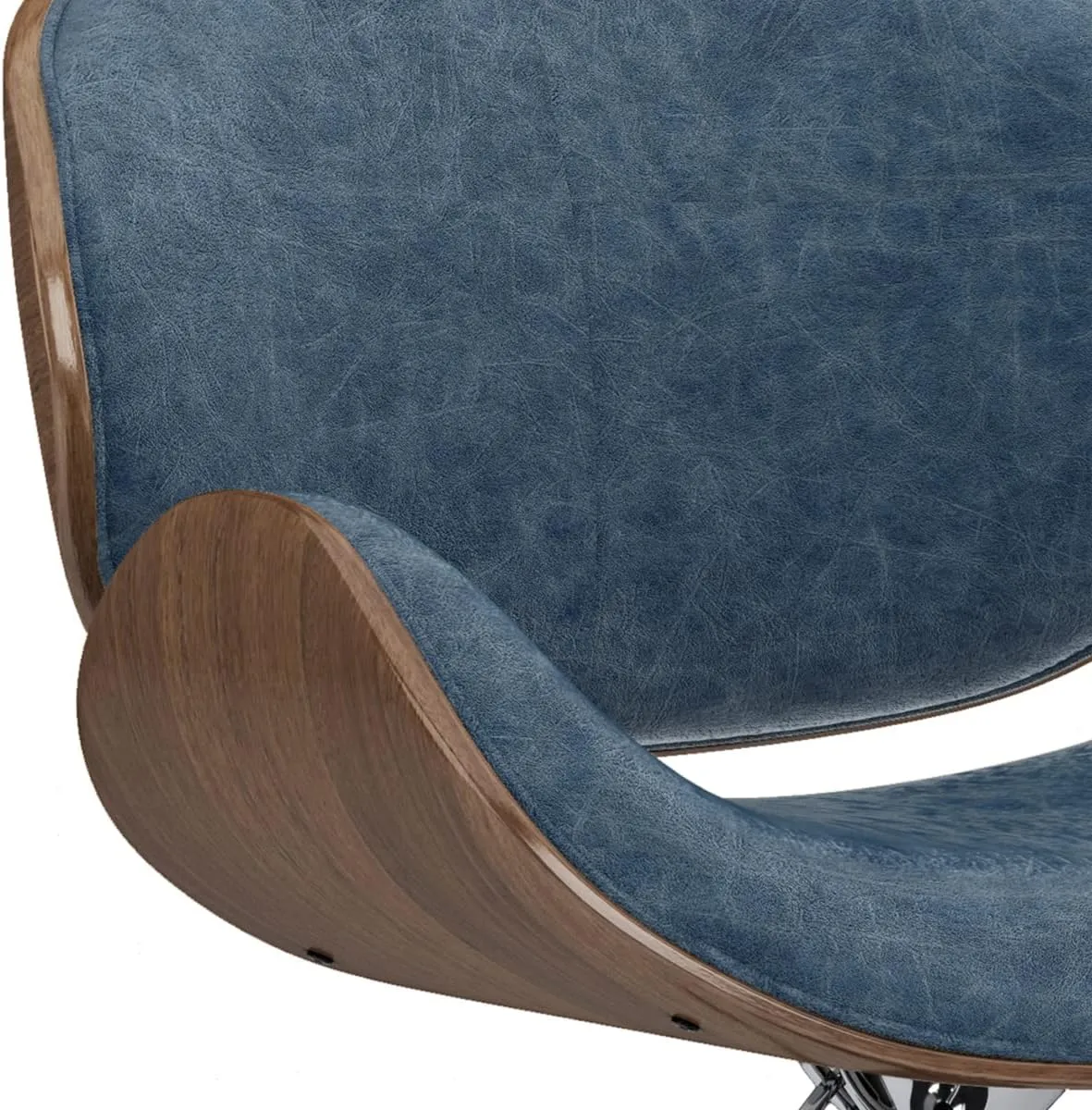 SIMPLIHOME Marana Adjustable Swivel Bar Stool - 33 inch Seat Height Upholstered Metal Bar Chair in Distressed Blue Vegan Faux Leather, Mid Century Seating for Kitchen or Bar with Curved Bentwood Back