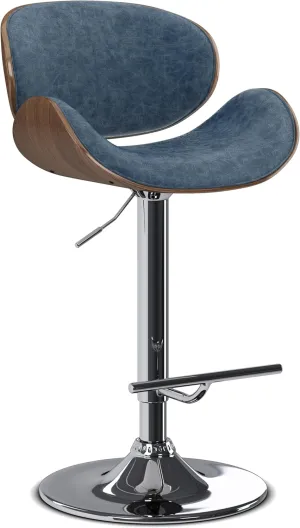 SIMPLIHOME Marana Adjustable Swivel Bar Stool - 33 inch Seat Height Upholstered Metal Bar Chair in Distressed Blue Vegan Faux Leather, Mid Century Seating for Kitchen or Bar with Curved Bentwood Back