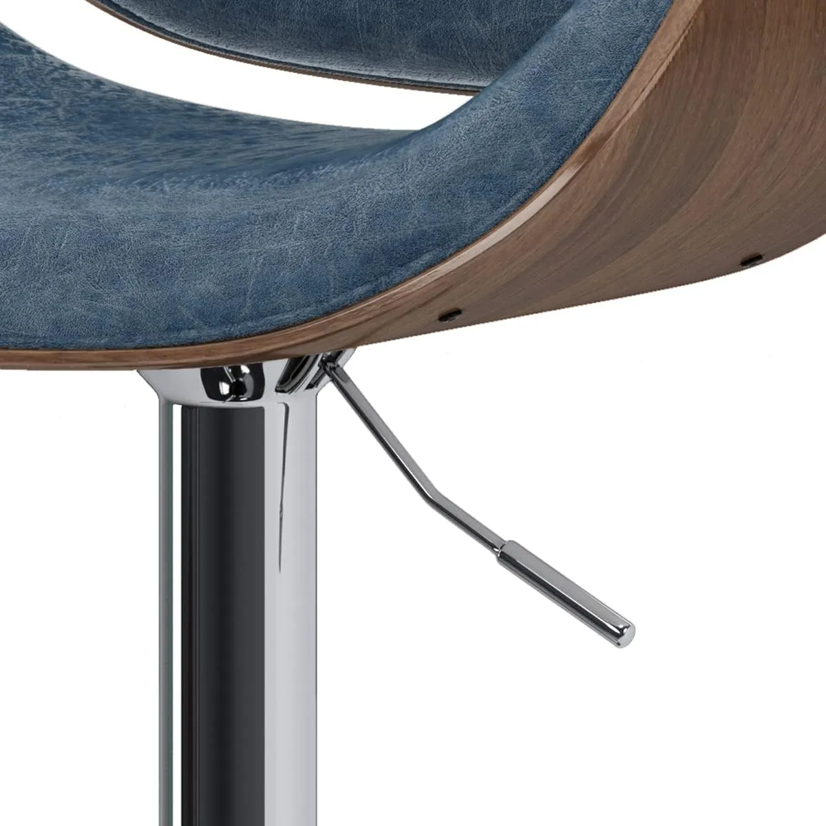 SIMPLIHOME Marana Adjustable Swivel Bar Stool - 33 inch Seat Height Upholstered Metal Bar Chair in Distressed Blue Vegan Faux Leather, Mid Century Seating for Kitchen or Bar with Curved Bentwood Back