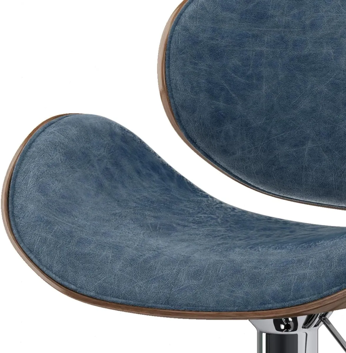 SIMPLIHOME Marana Adjustable Swivel Bar Stool - 33 inch Seat Height Upholstered Metal Bar Chair in Distressed Blue Vegan Faux Leather, Mid Century Seating for Kitchen or Bar with Curved Bentwood Back