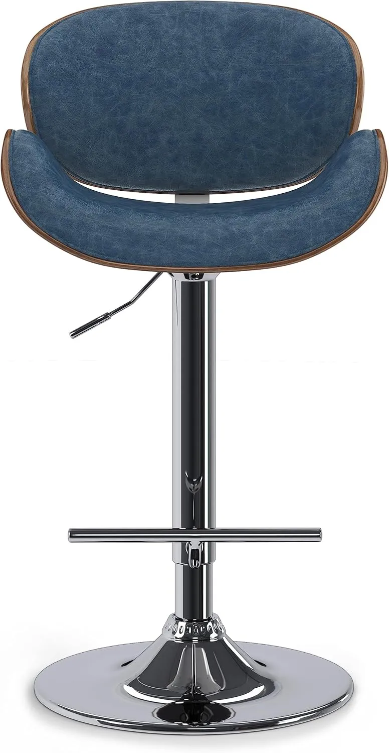SIMPLIHOME Marana Adjustable Swivel Bar Stool - 33 inch Seat Height Upholstered Metal Bar Chair in Distressed Blue Vegan Faux Leather, Mid Century Seating for Kitchen or Bar with Curved Bentwood Back